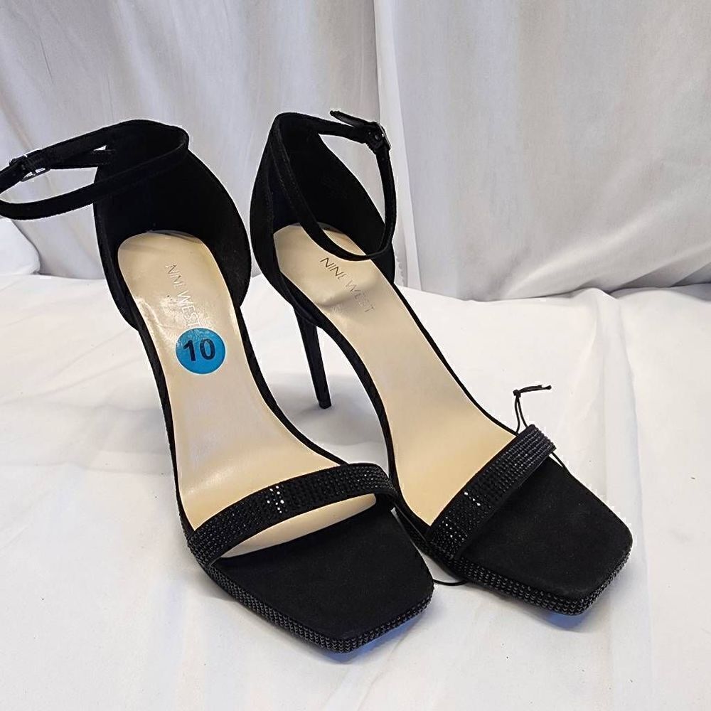 Nine West Black Rhinestone Suede Sandal Heels Women's Size 10